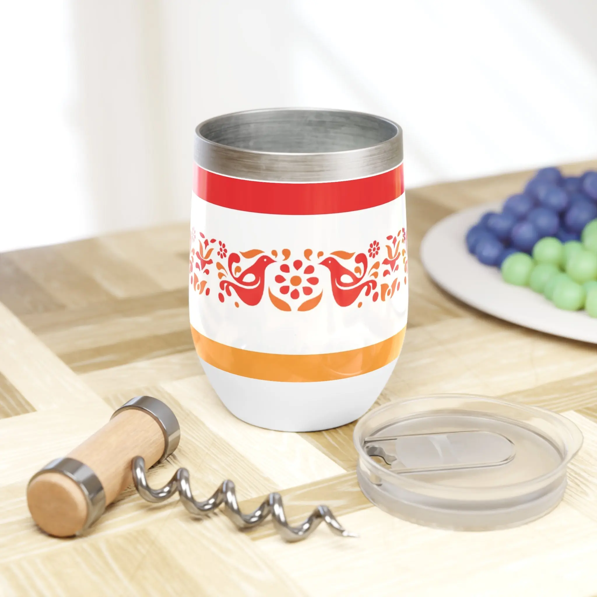 Pyrex Circle Of Friendship Tumbler, Wine Tumbler, Perfect for Parties, Gifting, Outdoor Adventures, Red and Orange Floral Design, Travel Mug