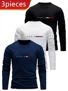 Men's 3-Piece Set Long-Sleeved Shirt & Casual T-Shirt with Letter Pattern Loungewear Menswear Pajama Nightwear Pjs Black/White/Navy Blue Crewneck