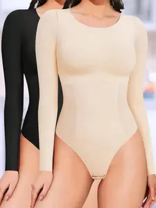 2-Pack Seamless Shapewear Bodysuit For Women – Long Sleeve Tummy Control Crew Neck Body Suit