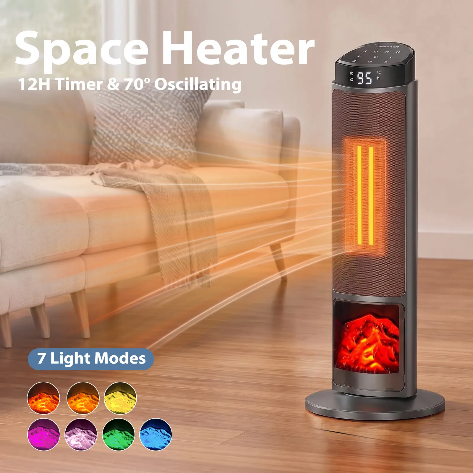 Sweetcrispy 23''24'' Electric Space Heater-1500W Ceramic Tower Heater with Flame Effect, 70° Oscillating, Remote Control, 12H Timer, 7 Color Lights for Bedroom Living Room Office