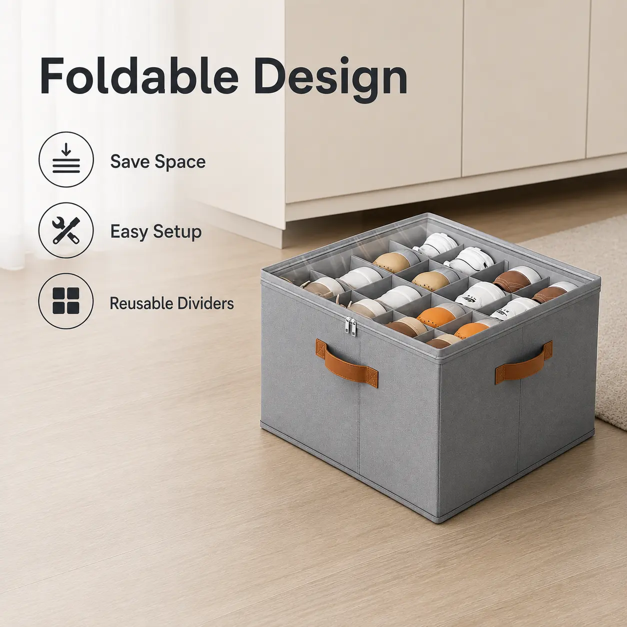 Foldable Shoe Storage Box for Closet, Fabric Organizer with Transparent Dustproof Lid, 16 Adjustable Compartments, Strong Cardboard Support and Reinforced Handles, Space-Saving Shoe Container for Sneakers, Sandals, Loafers, Entryway, Bedroom and Dorm, Sho