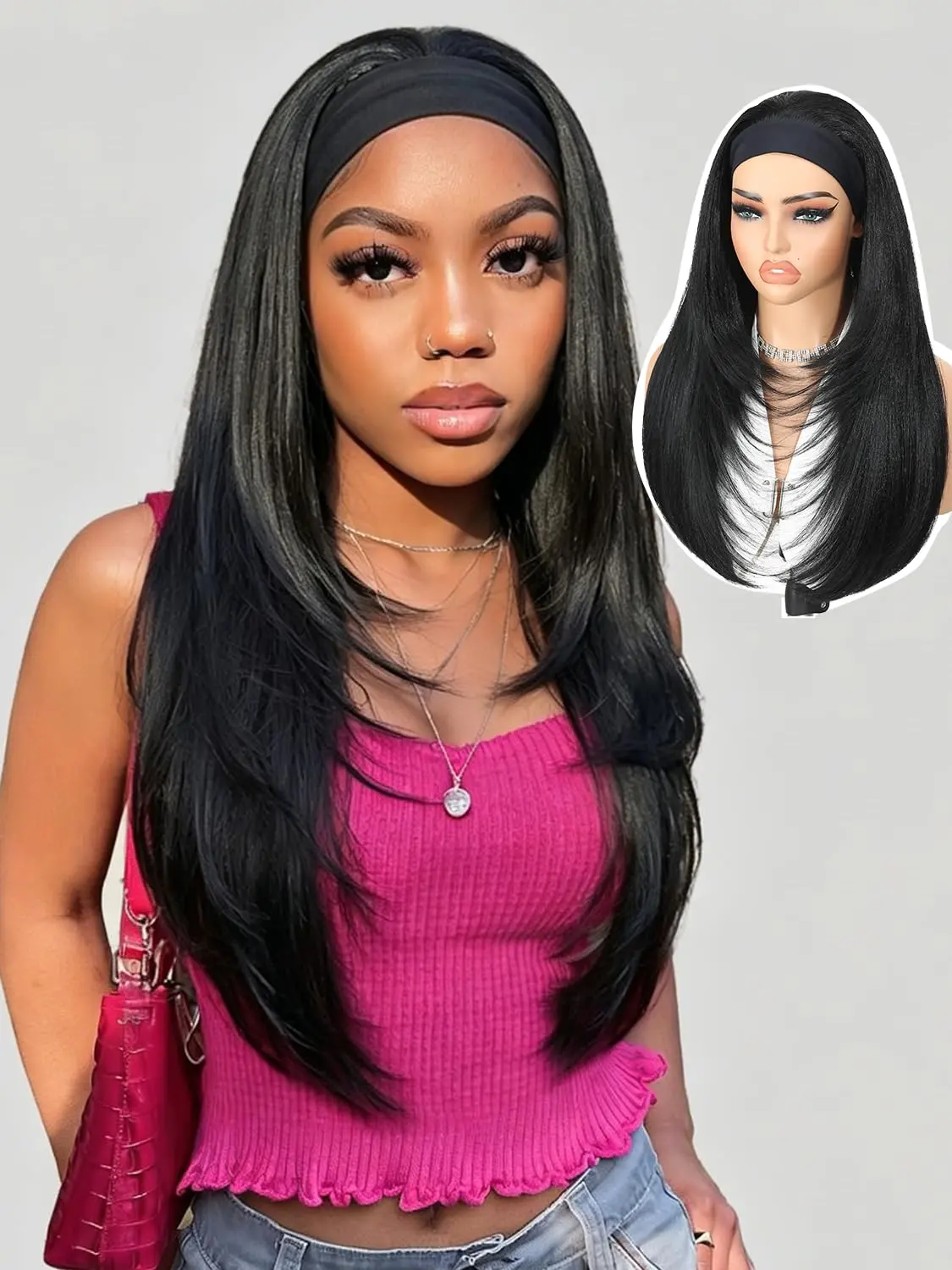 YAKI Straight Headband Wig Layered Half Wigs Synthetic Hair for Women  Bob Wig Glueless Beginner Friendly Natural Looking Heat resistant fiber Synthetic Hair for Daily Wear For  Black Women