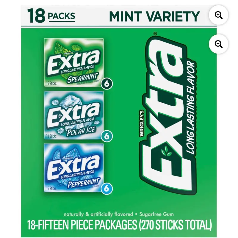 Sugar-Free Extra Mint Chewing Gum Variety Pack - 15 Pcs Each, 18 Total Count
