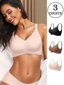 Women's Seamless Lightweight Workout Wireless Bra, Adjustable Wide Shoulder Straps, Comfortable Breathable Everyday Sports Fitness Underwear