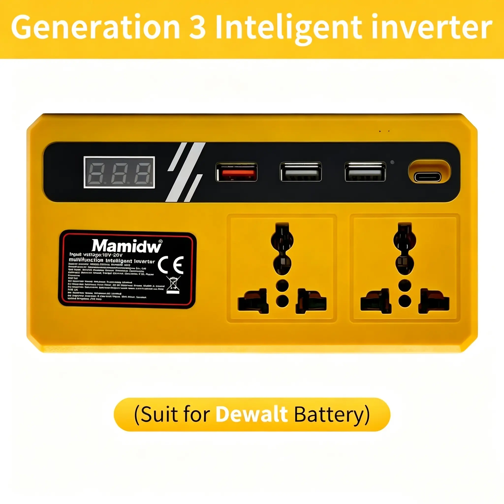 3rd Generation Portable Power Inverter, Compatible with DeWALT 20V Battery, Multi-Function Power Station with Dual Universal AC Outlets, QC3.0 USB-A, Dual USB-A and PD USB-C Fast Charging Ports, Digital Voltage Display