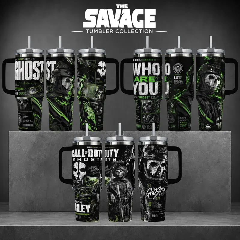 [Gift box & Starw] Simon Ghost Riley Modern Warfare Tumbler, Call of Duty 40oz Cup with Handle & 20oz Travel Mug. FPS Gaming Gift, Call of Duty Inspired Insulated Tumbler Featuring Epic Green Skull Graphic