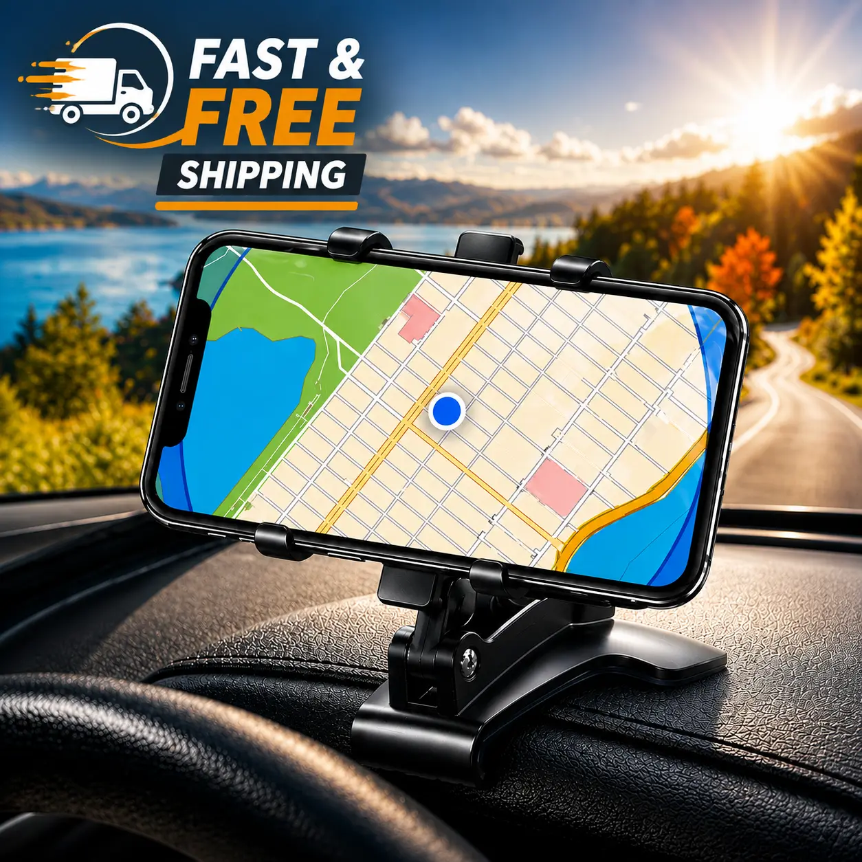 Adjustable Dashboard Car Phone Stand with Secure Clamp - Universal Cell Phone Holder for iPhone, Samsung Galaxy - Easy-Install Hands-Free Drive Accessory with Angle Adjust Feature