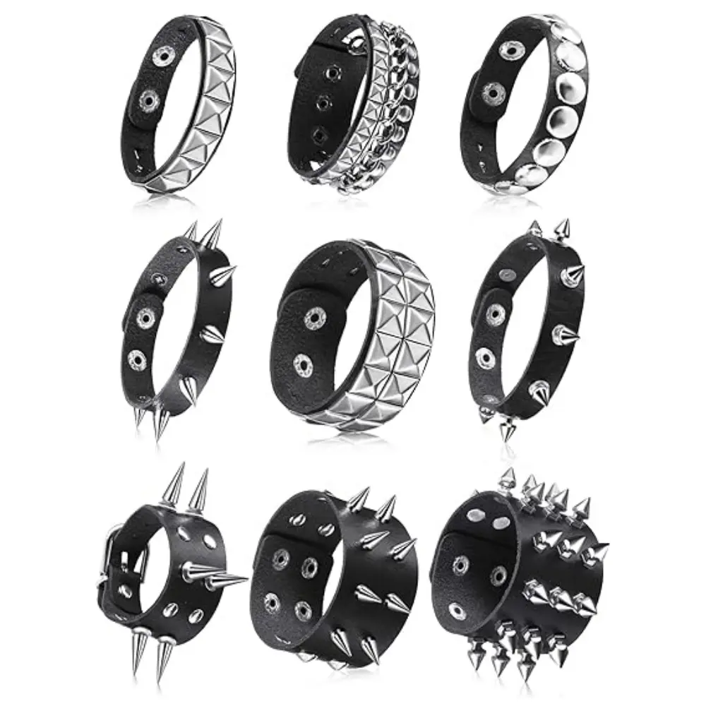 9PCS Leather Spiked Rivet Bracelets,Rock Wristbands For Women & Men, Adjustable Bangle Cuffs For Punk Rock Fashion Accessory