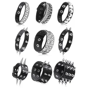 9PCS Leather Spiked Rivet Bracelets,Rock Wristbands For Women & Men, Adjustable Bangle Cuffs For Punk Rock Fashion Accessory