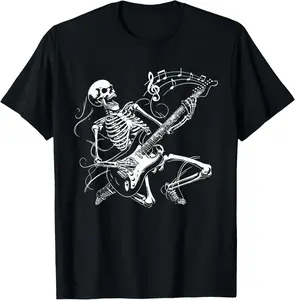 Casual Cotton shortsleeve tees Skeleton Playing Guitar Music For Men Women Rock Band T-Shirt