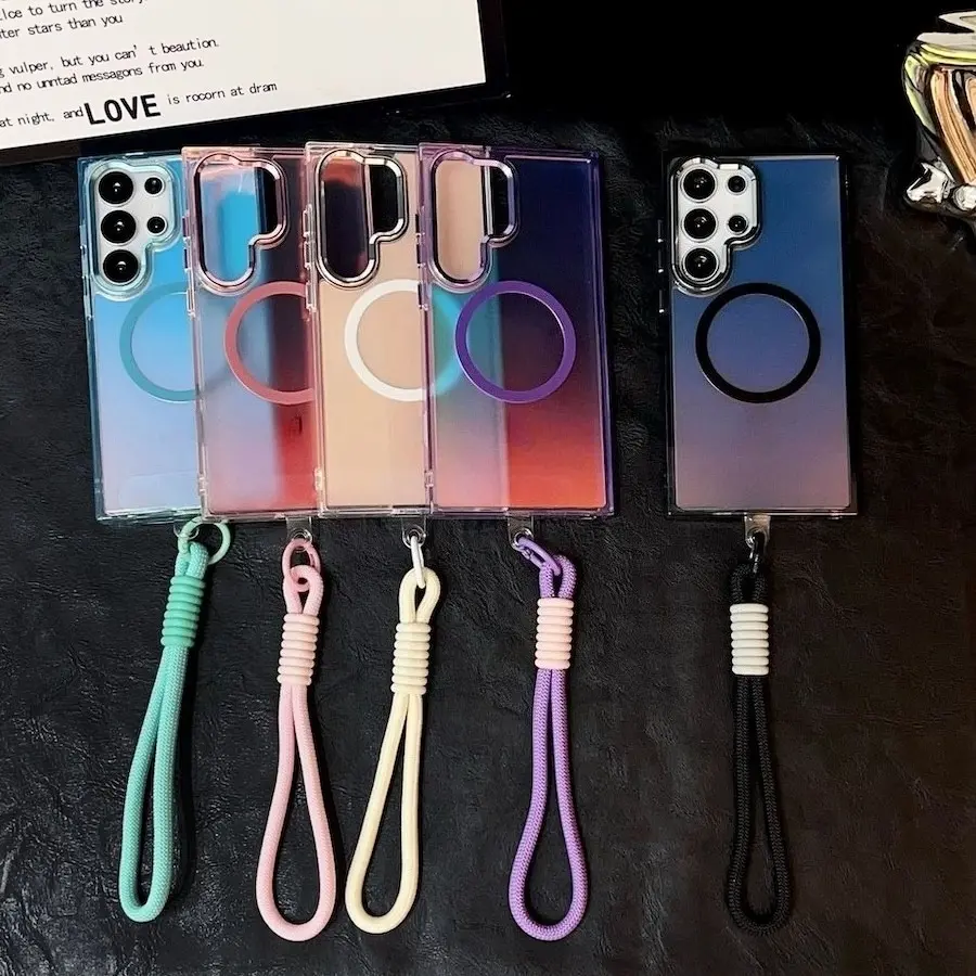 Magnetic Gradient Color Smartphone Shockproof Protective Case, Shockproof Protective Covers For Samsung S23 S24 S24 Ultra A17 A15 A54 A55 5G with Lanyard Protector