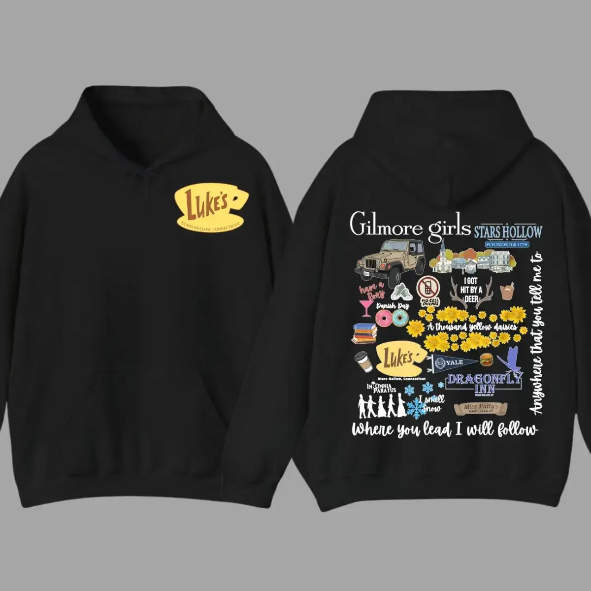 Luke's Diner Stars Hollow Hoodie - Ultimate Cozy Graphic Sweatshirt for TV Show Fans, Y2K Aesthetic Casual Wear & Fall Fashion Merch Black