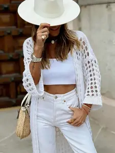 Women's Solid Color Long Cardigan Knitwear, Womenswear, Vacation, Hollow Design, Fashionable Comfortable Coat, Ideal for Casual Wear