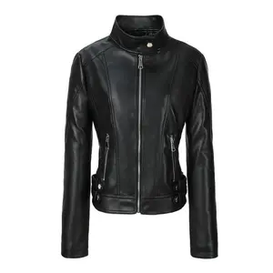 1pc Women’s Faux Leather Biker Jacket, Sexy Stand Collar Zip-Up Moto Coat, Fashion Slim Fit Outerwear, Long Sleeve Solid Color Polyester Lined, Non-Stretch Woven for Spring/Fall Casual Wear