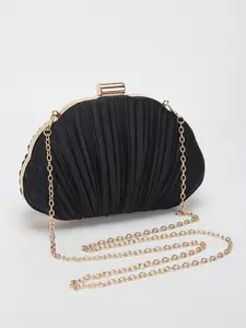 Shell-inspired clutch, unique shell shape, pleated textured finish evening bag for women, featuring a short chain handle, long chain shoulder strap, and crossbody style. Perfect for weddings, parties, and galas.