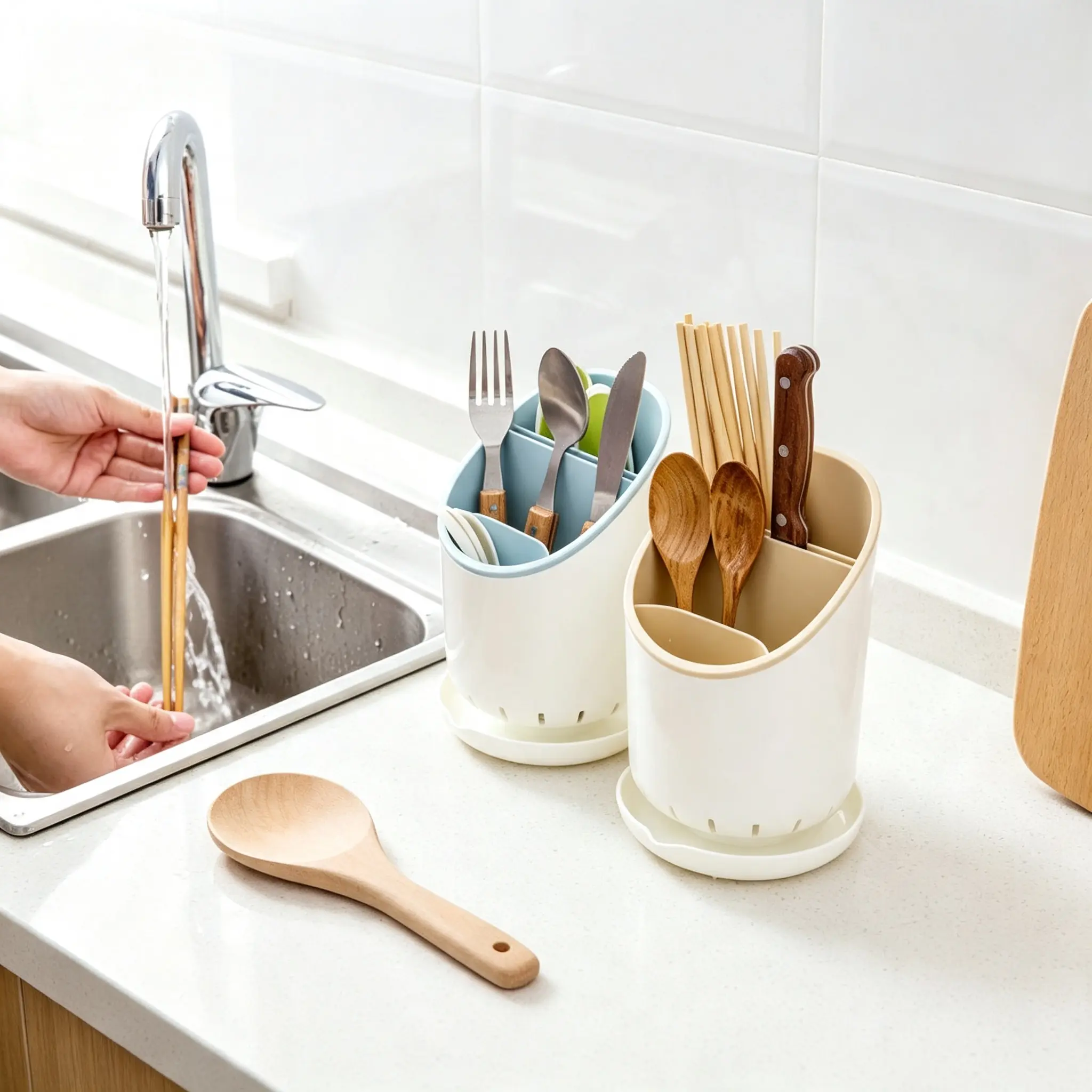 Plastic draining chopstick holder storage box, household shelf for spoons Cutlery Tableware