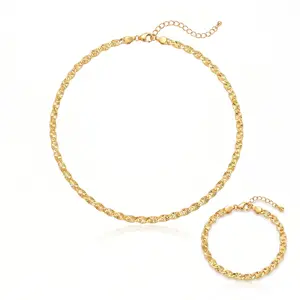 14K Gold Plated Chain Necklace Bracelet Set for Women (Width 0.9 inches) Adjustable Extension Daily Wear Gift for Her Gold Jewelry