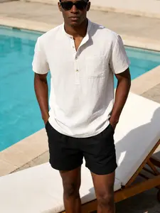 Men's Linen Short Sleeve Henley Shirt with Pocket, Casual Summer Breathable Top, Comfortable and Stylish Men's Clothing