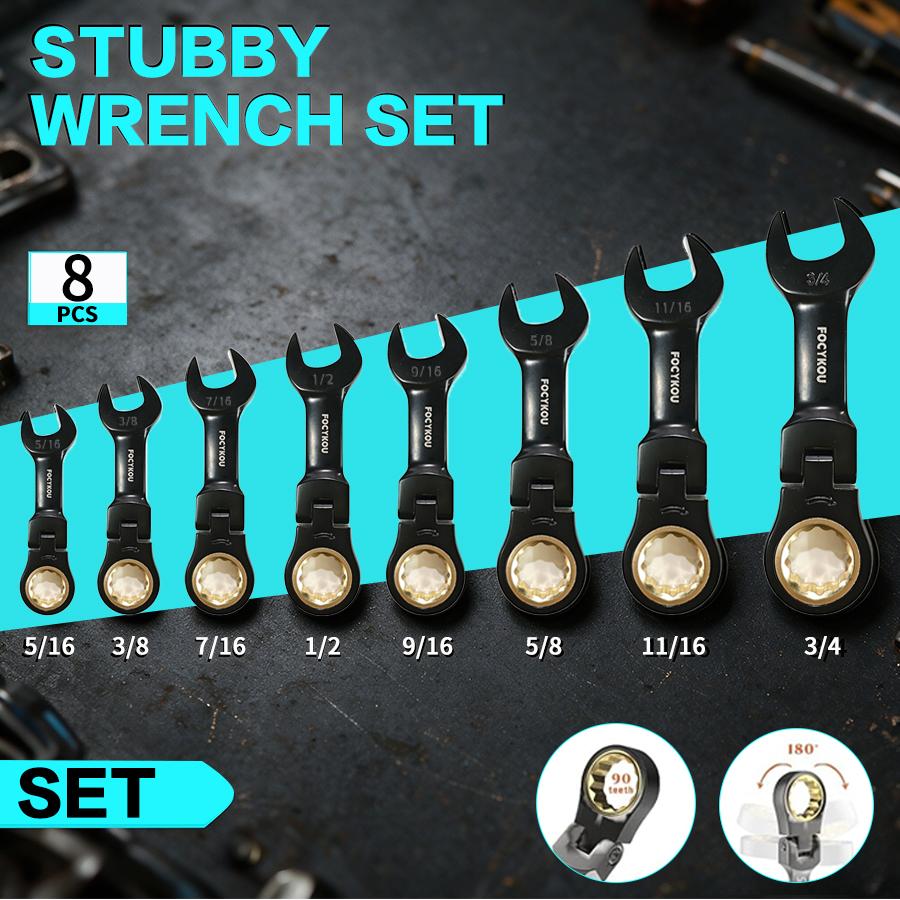 8-Piece Stubby Flex-Head Ratcheting Wrench Set, Metric 8-17mm | Anti-slip, 72-Teeth, CRV, Black Electrophoretic Coating, for Mechanics, DIYers and Home Repairs, Includes Rolling Pouch