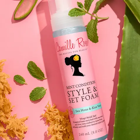 Camille Rose Mint Condition Style & Set Foam - 8oz Styling Foam with Sea Moss & Aloe Vera for Curl Definition & Hold, Frizz-Free, Residue-Free Finish - Braids, Locs, Blow Dry & Roller Set Styles (Haircare Styling Foam)