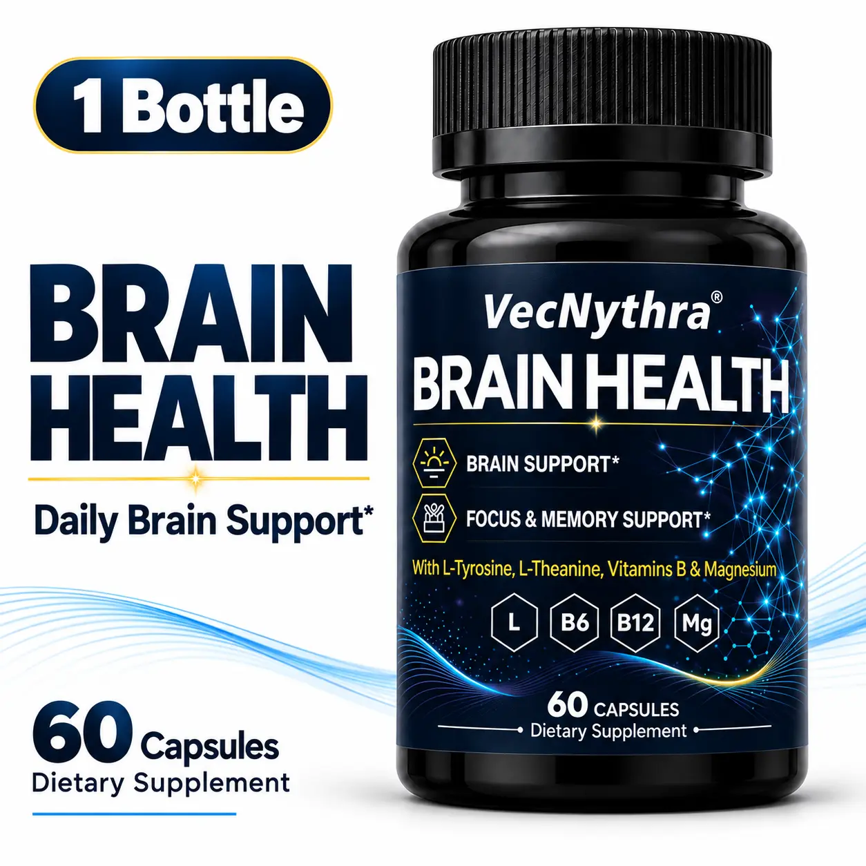 VecNythra Dietary Health Brain Focus & Memory Support Supplement - 300mg L-Tyrosine, L-Theanine, TMG, B Vitamins - Cognitive Wellness, Mental Clarity for Adults, 60 Capsules, Prop 65 Safe