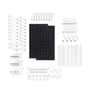 108-Piece Black Particleboard Wall Organizer Kit, Hardware Tool Wall Pegboard, Universal Perforated Board, Stainless Steel, Automotive Repair Wall Storage, Busy Board