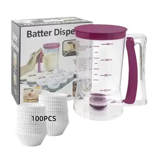 Pancake Cupcake Batter Dispenser, Bakeware Maker with Measuring Label,Contains 100 cupcake liners, Perfect Baking Tool for Cupcakes, Waffles, Muffin Mix, Cake or Any Baked Goods