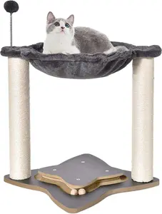 Cat Scratching Post with Hammock – 18" Small Cat Tree Tower for Indoor Cats, Wooden Base with Interactive Ball Track, Ideal for Kittens & Adult Cats (Grey)