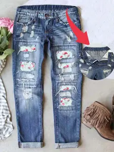 Women's Valentine's Day Patch Ripped Distressed Mid-Waist Boyfriend Fit Washed Floral Print Loose Denim Jeans Elastic Waistband Breathable Comfort Fabric All Seasons Wear