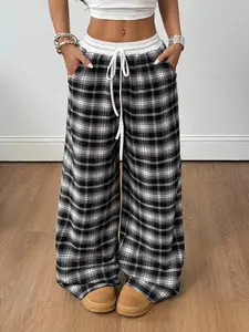 Women's Casual Plaid Patchwork Long Pants, Loose-Fitting Drawstring Waist, Comfortable Elastic Waistband, All Seasons Wear
