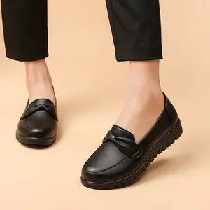 Women's Bow Detail Leather Flat Shoes - Slip On Casual Loafers with Non-Slip Sole Black Girl Flatform Elegant & Practical Design Footwear Slipon Footwear Slipon