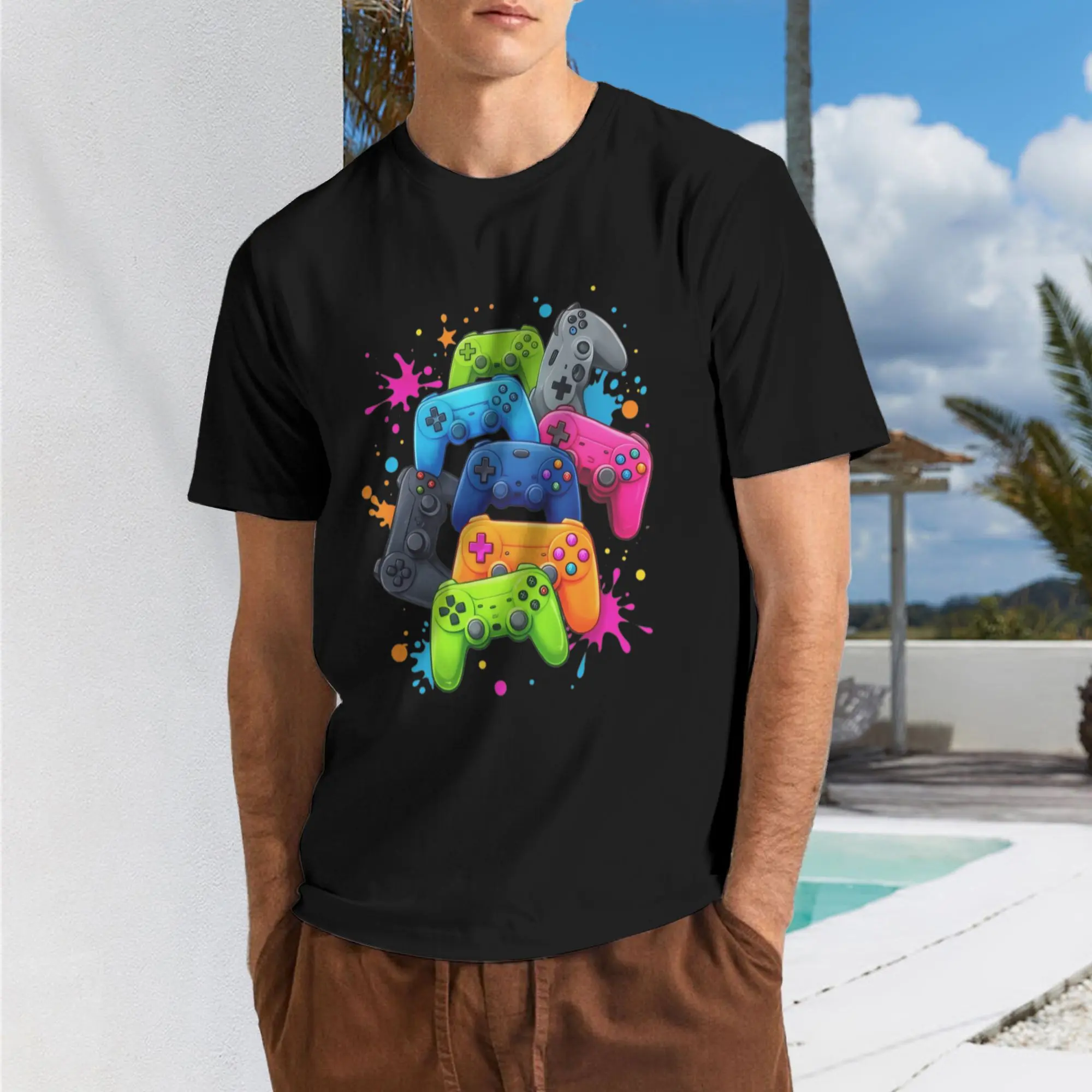 Men's Retro Gaming T-Shirt with Controller Graphic, Short Sleeve Round Neck Casual Statement Apparel, Gift for Gamers, Tops, Shortsleeve, Menswear, Cotton