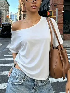 Women's Summer Loose Fit Lazy Shoulder One-Shoulder Off-Shoulder Short Sleeve T-Shirt, European Style Casual Versatile Top
