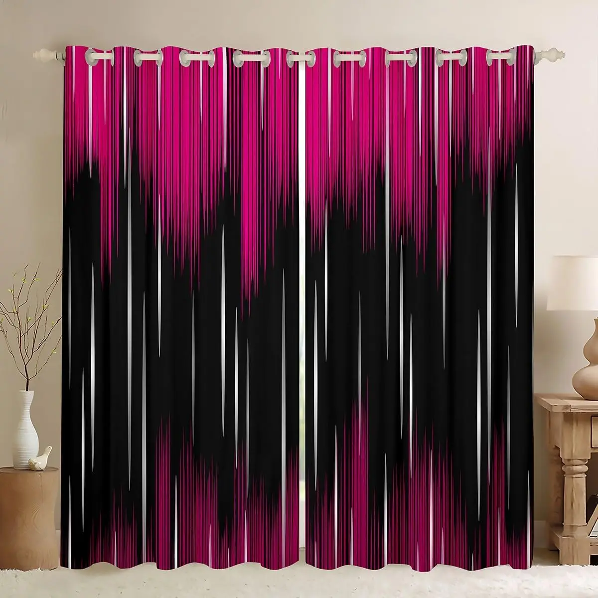 Feelyou 2-Panel Ombre Hot Pink Black Geometric Striped Blackout Decorative Curtains - Colorful, Bold Pattern, Personalized Drapes, Living Room Window Treatments, Privacy Protection, Mood-Enhancing, Colorful Curtains, Bold Pattern Curtains