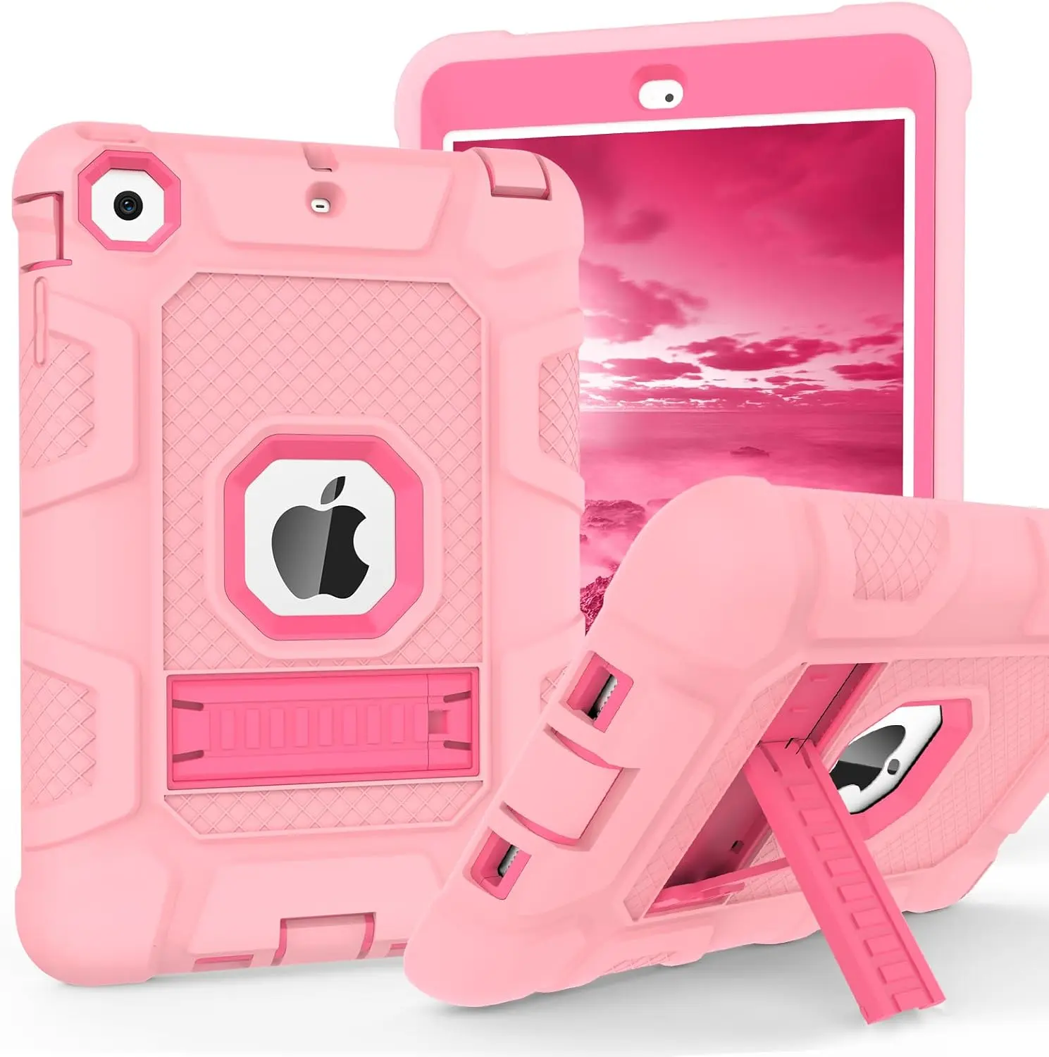 iPad mini Case, iPad mini 2 Case, iPad mini 3 Case with Kickstand, 3 in 1 Heavy Duty Shockproof Hybrid Three Layer Protective Cover for iPad mini 1st 2nd 3rd Generatio, Rose +Rose
