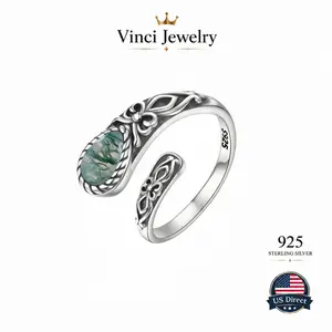 925 sterling silver,Natura,Moss Agate Vintage Celtic Knot Ring,Adjustable Open Band,Hypoallergenic for Sensitive Skin,US Direct by Vinci Jewelry,Adjustable Open Band Oxidized Retro Boho Witchy Jewelry,Unique Natural Gemstone Hypoallergenic Finger Ring