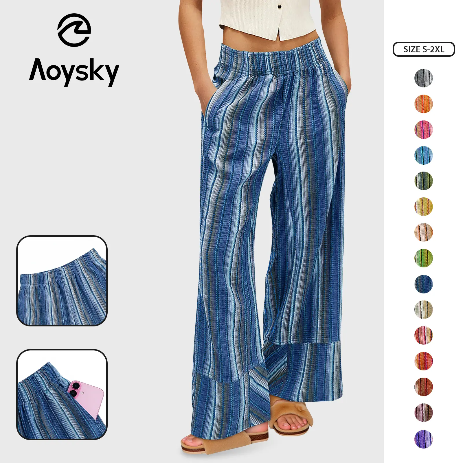 Aoysky Women's Elegant Colorful Striped Palazzo Pants, All-Season High-Waisted Baggy Design with Elastic Waist for Beach Travel, S-XL, Elegant Look, Do Not Dry Clean