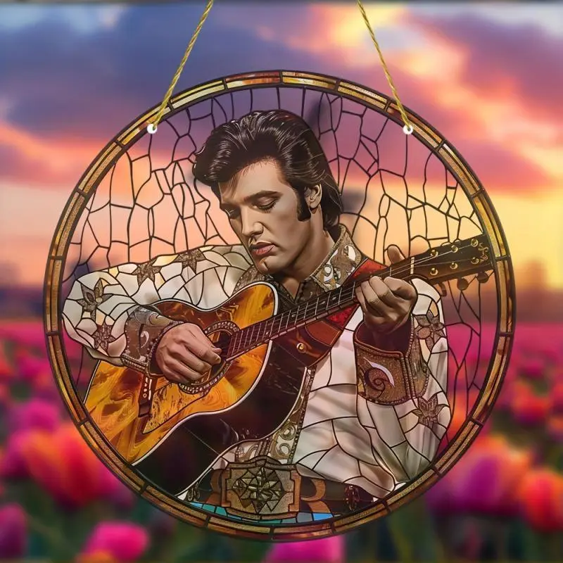 Elvis Presley Round Art Glass Sun Catcher, Creative Hanging Ornament, Wall Decor, Window Hanging Decor, Home Decor, Gift for Music Lovers, Hangable Home Wall Decoration Christmas