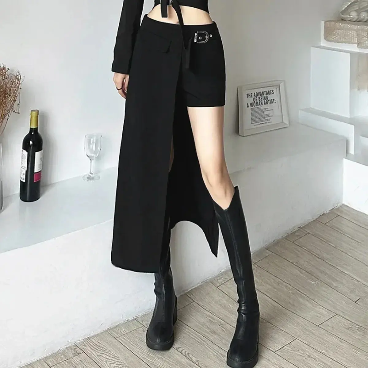 Women's Gothic Edge Asymmetrical High-Waist Mini Skirt - Polyester Twill Tactical Techwear with Buckle Detail, Belt, Solid Cyber Goth Underground Runway Style, XS to 3XL Plus Size Shorts Compatible