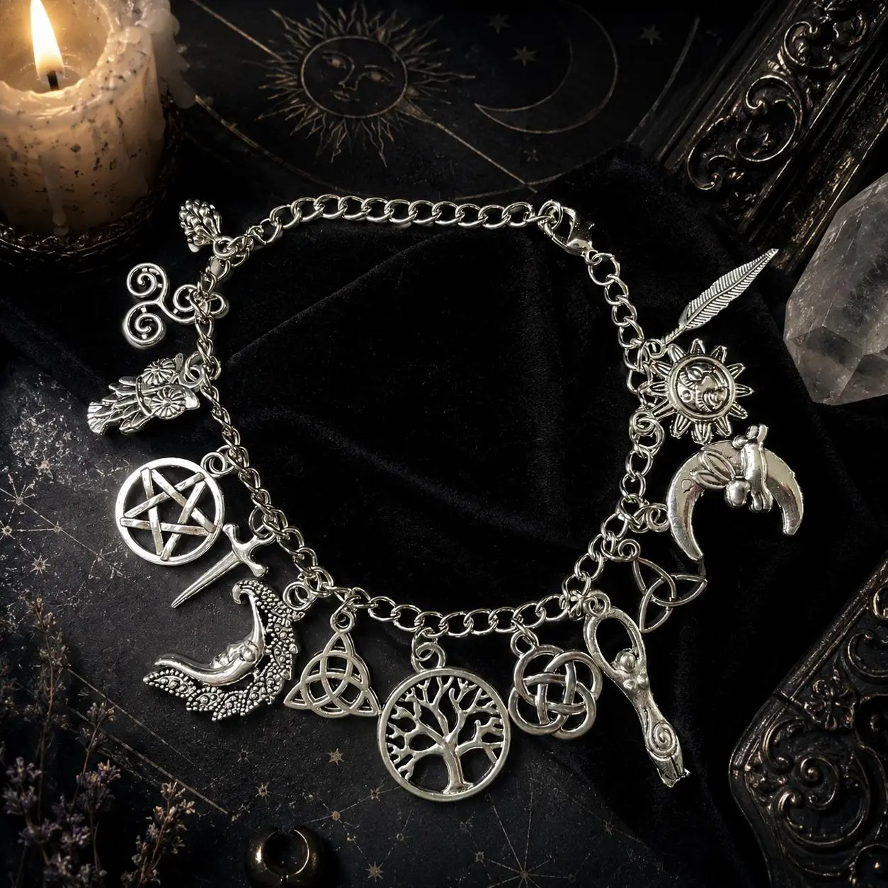 Vintage Witchy Charm Bracelet & Anklet 2-in-1, Silver Gothic Pagan Jewelry with Moon, Sun, Pentagram, Tree of Life & Owl Charms, Wiccan Boho Gift for Women