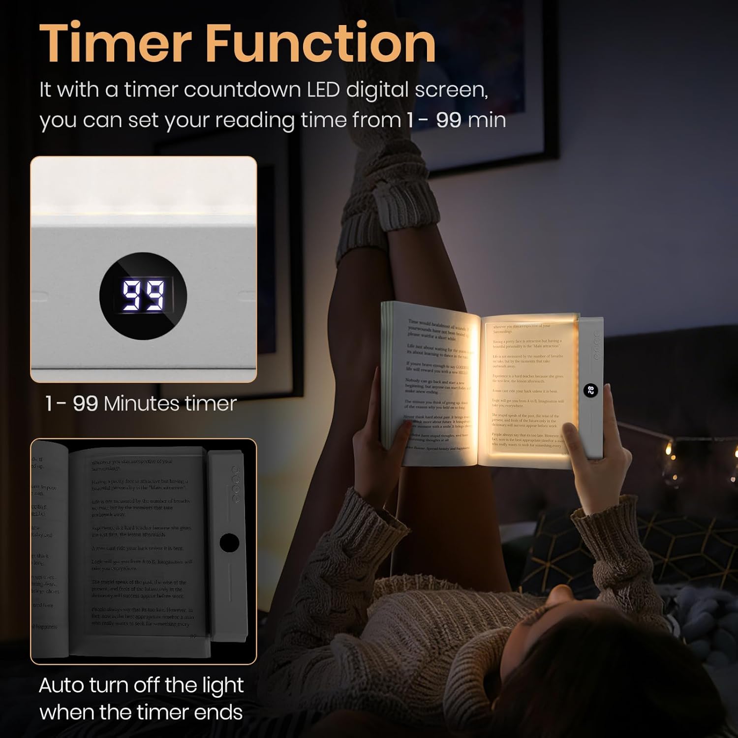 Book Light, Rechargeable Clear LED Flat Reading Light with & Timer, Dimmable Panel Plate Lamp Book Full Page Light for Reading in Bed at Night, Funny Gifts for Readers