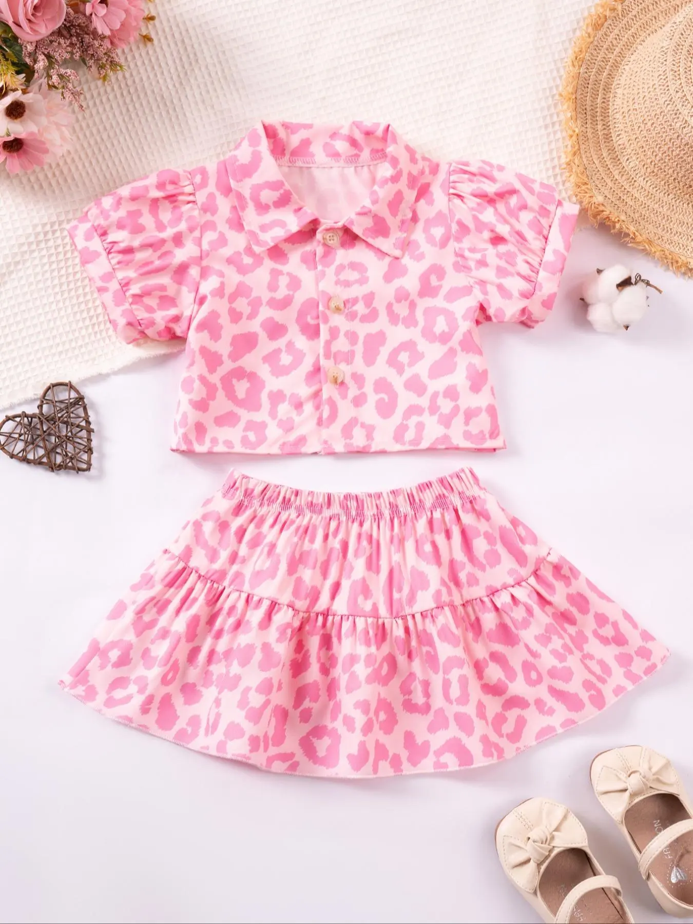 Two-Piece Set Toddler Girl's Leopard Print Short Sleeve Blouse & Belted Skirt Set, Cute Casual Collar Top & A-Line Skirt Outfit for Daily Wear, Kids Summer Clothes, Baby Clothing, Gift Sets