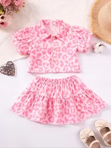 Two-Piece Set Toddler Girl's Leopard Print Short Sleeve Blouse & Belted Skirt Set, Cute Casual Collar Top & A-Line Skirt Outfit for Daily Wear, Kids Summer Clothes, Baby Clothing, Gift Sets