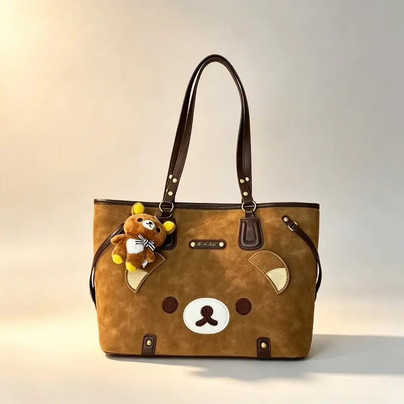 Rilakkuma suede handbag embroidered bear face large capacity shoulder handbag casual shopping bag