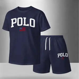 Men's 2-Piece Menswear Set - Soft Minimalist USA Flag Letter Print Short-Sleeve T-Shirt & Athletic Drawstring Shorts, Lightweight Breathable Casual Outfit for Travel, Daily Wear