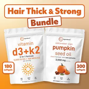 Micro Ingredients Hair Thick & Strong Bundle: Pumpkin Seed Oil 300 softgels + Vitamin D3K2 5,000IU 180 softgels