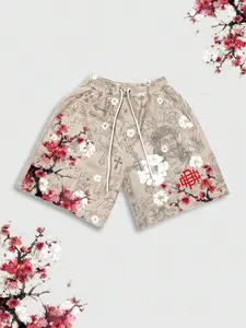 Men's Vintage Full Print Shorts, Plum Blossom Jesus Print, Drawstring Design, Summer Casual Five-Quarter Pants, Loose-Fitting Fashion