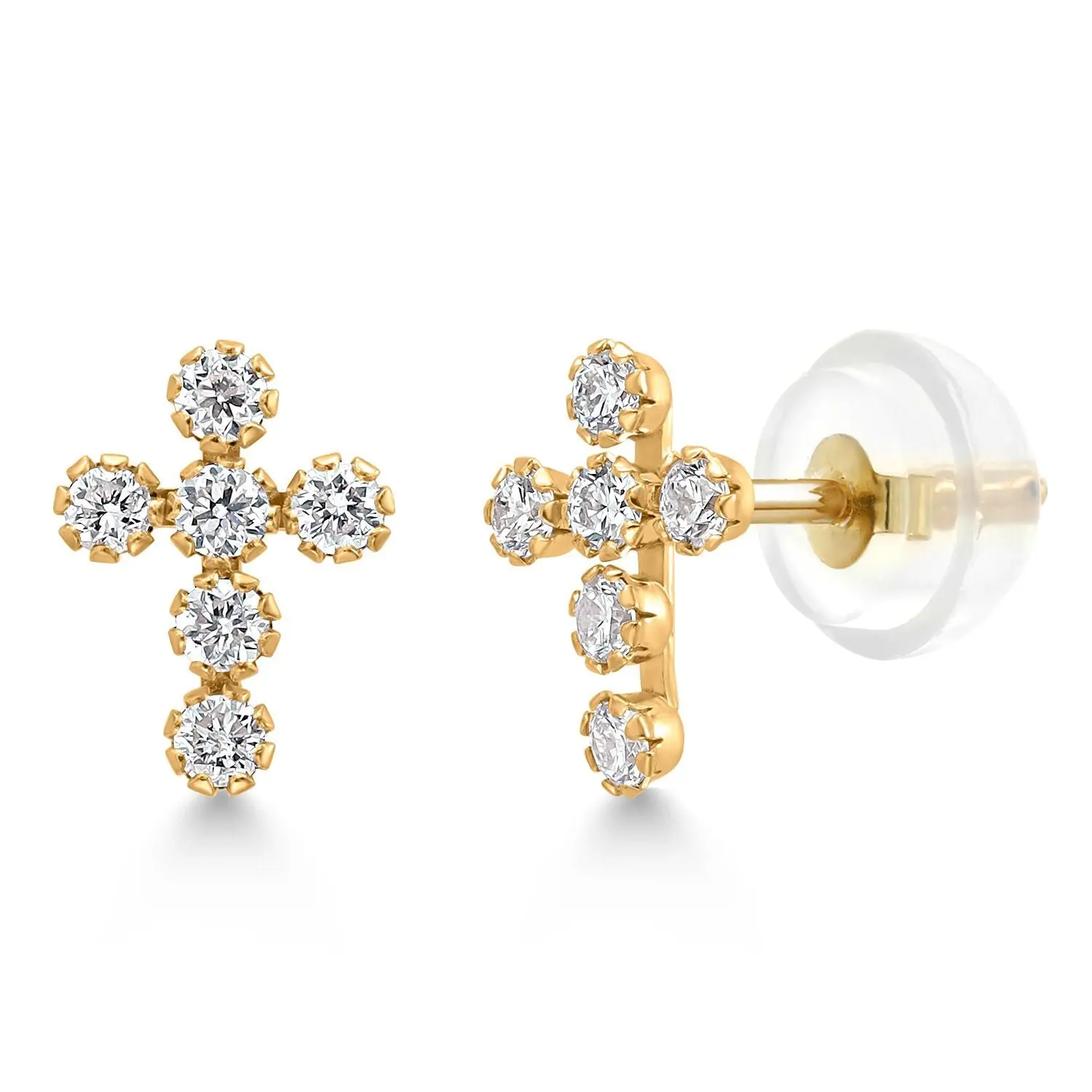 Gem Stone King 14K Gold Cross Stud Earrings | Jesus Christian Religious Crucifix Jewelry Earrings | Lab Grown Diamond Created Ruby or Created Sapphire Gold Earrings For Women Men