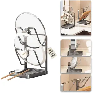 Kitchen Pot Lid Storage Rack, Pot Lid Holder for Countertop, Pot Lid Organizer Rack with Tray, Lid And Spoon Rest, Multifunctional Stand for Stove Top Kitchen Accessories (Gray, Double-layer)