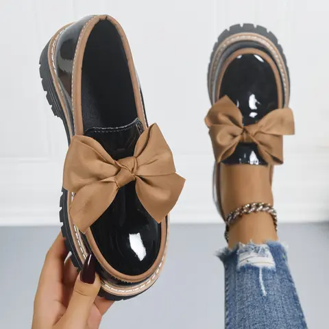 Women's Bowknot Flat Loafers, Slip On Flats, Fashion Flat Shoes, Spring & Fall Casual PU Leather Shoes, Plain Pattern Low-cut PVC Sole Shoes